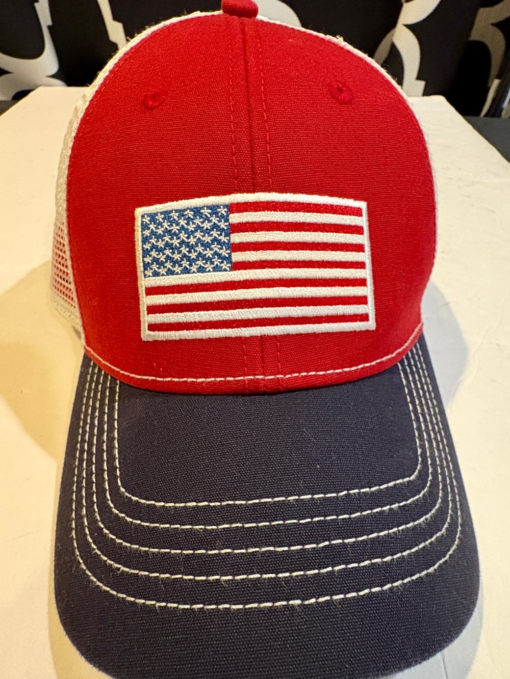 Eddie Bauer White Mesh Trucker Hat with Red White American Flag